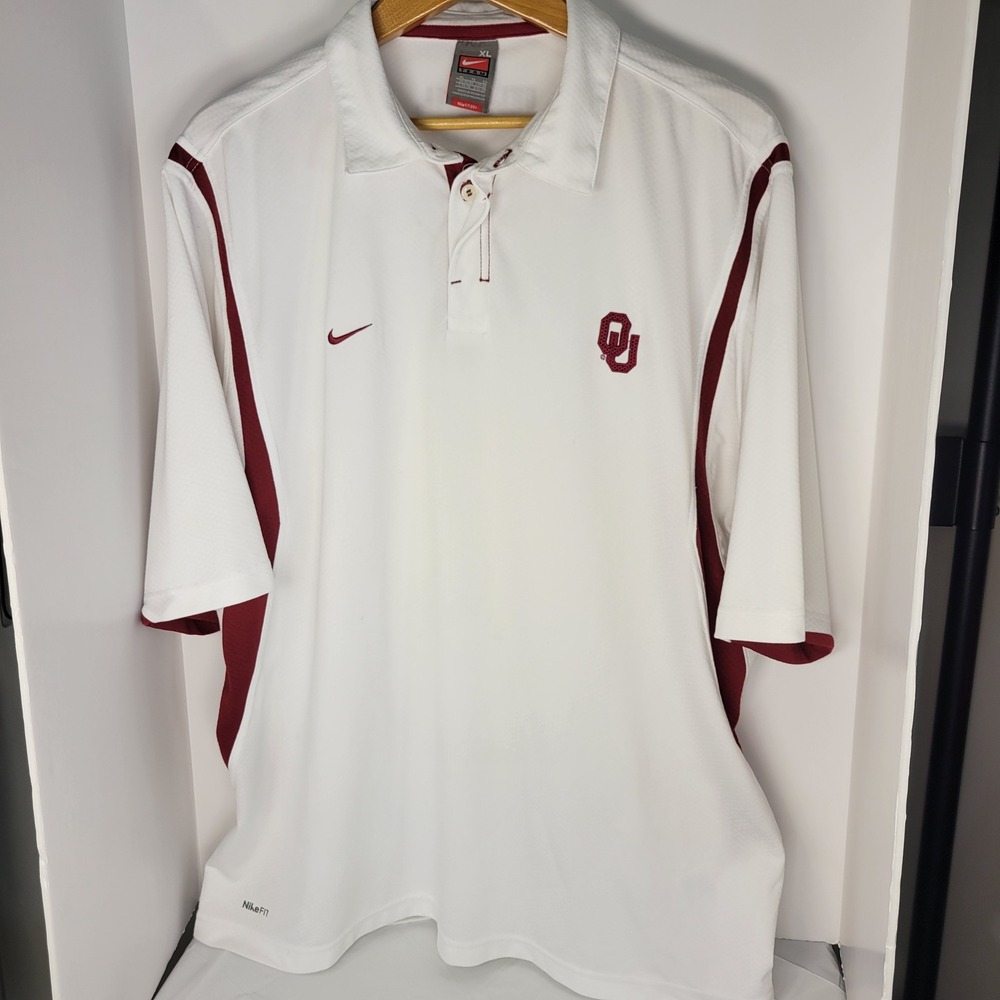 Nike Team Oklahoma Sooners Polo Shirt Mens XL White Crimson NikeFIT Dry OU Logo
